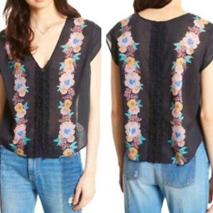 Free People Black Floral Blouse, Size M